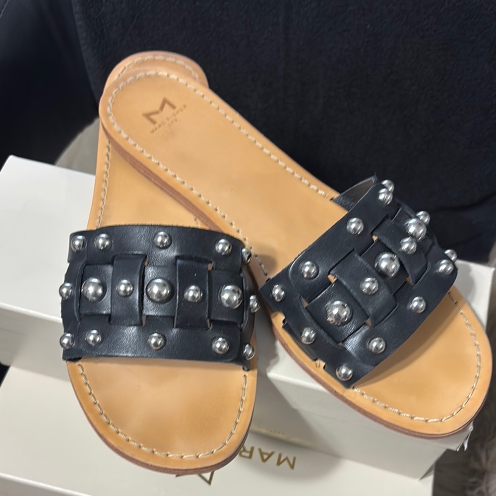 Marc Fisher Black and Tan Studded Slide Sandals